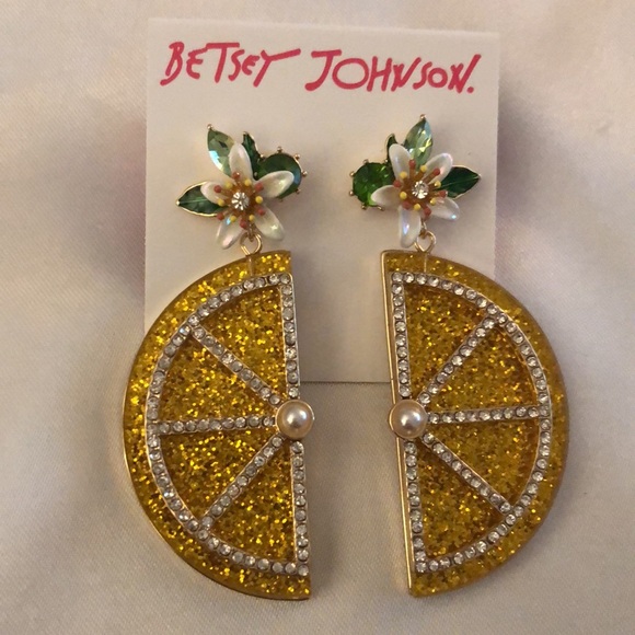 Betsey Johnson Gold Tone & Yellow Lemon Slice Drop Earrings Crystal Accents NWT - Picture 7 of 11
